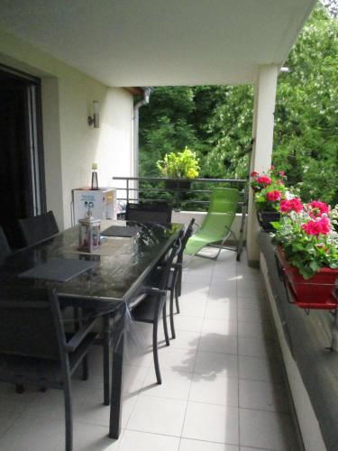 - une terrasse avec une table, des chaises et des fleurs dans l'établissement Villa Verdi, à Ostheim