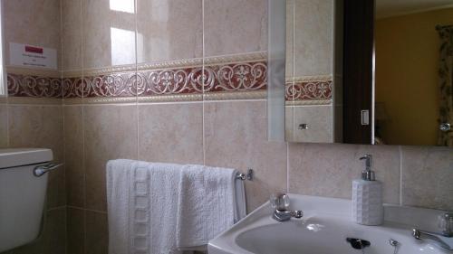 a bathroom with a sink and a toilet and a mirror at Villa Pio Luxury Apartment in Cong