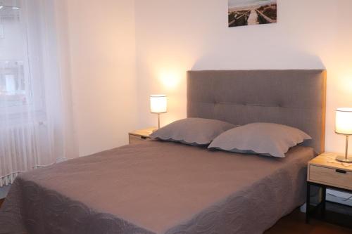 ein Schlafzimmer mit einem großen Bett mit zwei Lampen in der Unterkunft Villa le Tramway in Gérardmer