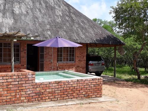 a brick building with an umbrella next to a pool at Eagle's Crest in Marloth Park