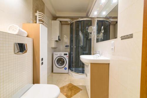 uma casa de banho com um lavatório e uma máquina de lavar roupa em Krynica Apartamenty Przytulny apartament w Centrum 54 em Krynica-Zdrój