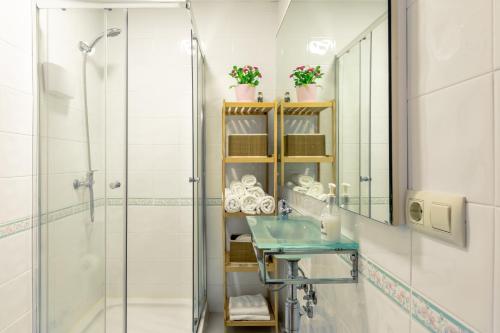 セビリアにあるSevillaHome Teodosio 27のバスルーム(シャワー、シンク、鏡付)