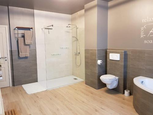 uma casa de banho com um chuveiro e um WC. em Aux bains de la Semois em Bouillon