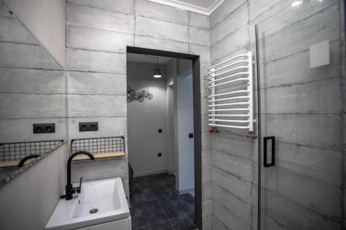 a bathroom with a sink and a mirror at Reef Terrace Apartments in Yaremche