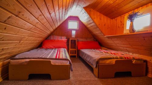 1 dormitorio con 2 camas en una cabaña de madera en Bellevue Aschberg en Klingenthal