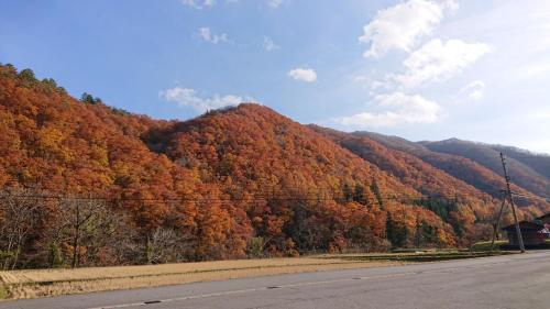 an autumn view of a mountain with colorful trees at みのり家 - Samurai-era house - 昔の暮らし体験 in Takayama