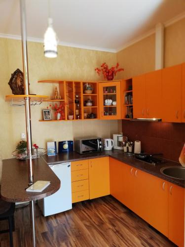 a kitchen with orange cabinets and a counter top at Pālena apartamenti in Tērvete