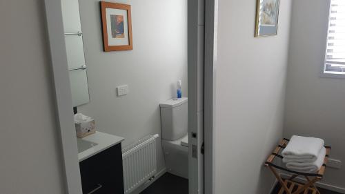 a small bathroom with a sink and a toilet at Purakau Bed & Breakfast in New Plymouth