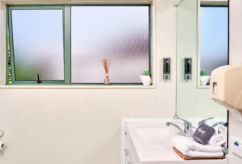 a bathroom with a sink and a window at Barringtons Motor Lodge in Whakatane
