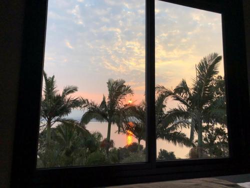 a window with a view of the ocean and palm trees at Refúgio do Cacupé in Florianópolis