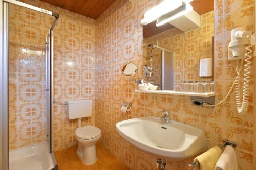 ein Bad mit einem Waschbecken, einem WC und einer Dusche in der Unterkunft Haus Friederike - Sylvia Brunner in Ellmau