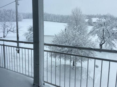 a view of a snow covered field from a balcony at Ferienbauernhof Koller (Familie Hofer) - Urlaub am Bauernhof in Helfenberg