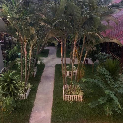 a path between two palm trees in a garden at Dalom Guesthouse in Don Det