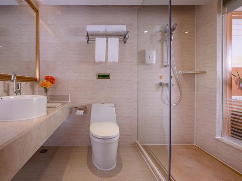 a bathroom with a toilet and a sink and a shower at Vienna International Hotel (Shenzhen Fuyong Convention and Exhibition Center) in Fenghuangwei