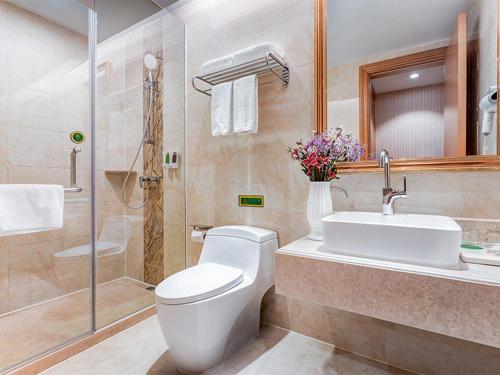 a bathroom with a toilet and a sink and a shower at Vienna Hotel(Shanghai Chongming Lvhai Road.) in Shanghai