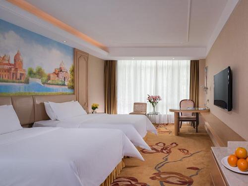 pokój hotelowy z 2 łóżkami i telewizorem w obiekcie Vienna Hotel (Shajinbei Road Fuquan Guizhou) w mieście Fuquan