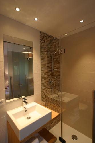 a bathroom with a sink and a shower at L&uuml;ch da Grones in San Vigilio Di Marebbe