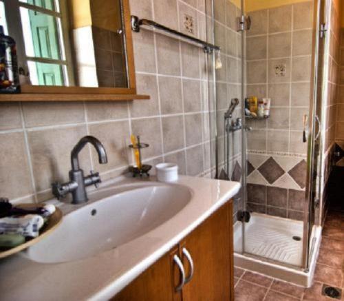 a bathroom with a sink and a shower at Gerofotis Traditional Guesthouse est 1892 - Close to Aigio, Akoli, Selianitika in Lákka