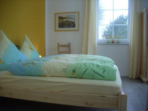 1 cama en un dormitorio con ventana en Landhaus Kopendorf, en Bojendorf