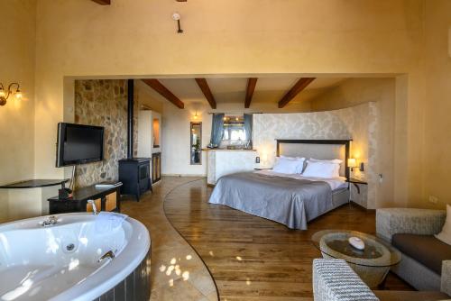 een slaapkamer met een bad, een bed en een tv bij Cnaan Village Boutique Hotel & Spa in Had Nes