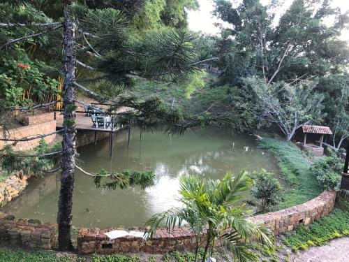 a pond in a garden with a bridge and trees at Hotel Casas de Campo El Ciruelo in San Gil