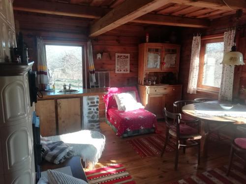 a room with a kitchen and a table in a cabin at Fecskefészek Vendégház Őriszentpéter in Őriszentpéter
