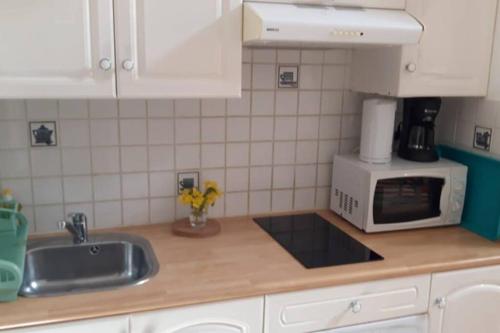 a kitchen counter with a sink and a microwave at Résidence Ti'Kéol - Appartements avec terrasse 2 à 4 personnes, piscine in Sainte-Anne