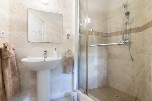 a bathroom with a sink and a shower at Mustard Seed in Saint Peter