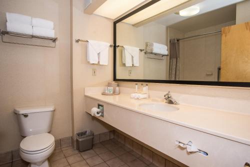 a bathroom with a sink and a toilet and a mirror at Round Hill Inn in Orange