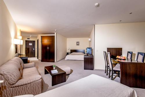 a hotel room with a bed and a living room at Hotel Bellevue - Half Board in Pamporovo