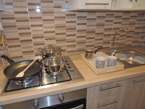 a kitchen counter with two pots and pans on a stove at Apartman SAN in Vukovar