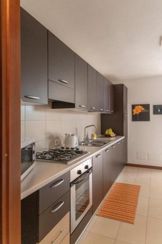 a kitchen with stainless steel appliances and gray cabinets at Case Fiorite in Riola Sardo