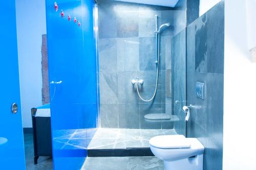 a bathroom with a toilet and a glass shower at Finca Pessal in Caʼs Concos