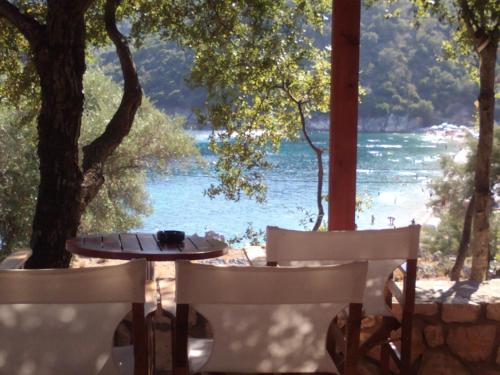 a table and chairs with a view of the water at Mikros Gialos Apartments in Mikros Gialos