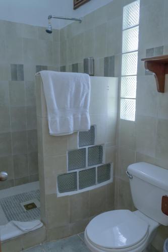 a bathroom with a toilet and a shower with a towel at Hotel Jaguar Inn Tikal in Tikal