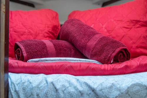 a bed with red pillows and purple blankets at Romantic Escape in Downtown St Augustine in Saint Augustine