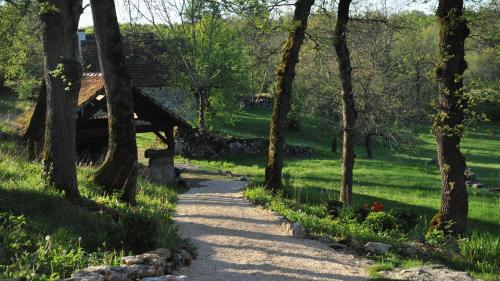a path through a park with trees and grass at Gites de Combarel in Corn