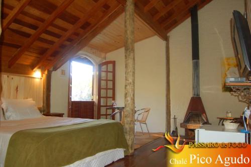 a bedroom with a bed in a room with a fireplace at Pássaro de Fogo in Santo Antônio do Pinhal