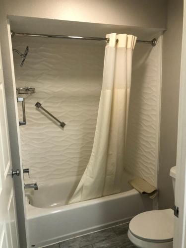 a bathroom with a shower curtain and a toilet at Diboll Inn and Suites in Diboll