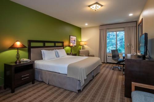 ein Schlafzimmer mit großem Bett und Fernseher in der Unterkunft Truckee Donner Lodge in Truckee