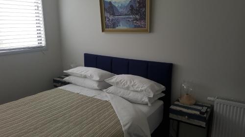 een bed met een blauw hoofdeinde en witte kussens bij Purakau Bed & Breakfast in New Plymouth