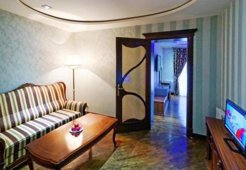 a living room with a couch and a table and a tv at VICTOR Hotel Resort & SPA in Truskavets