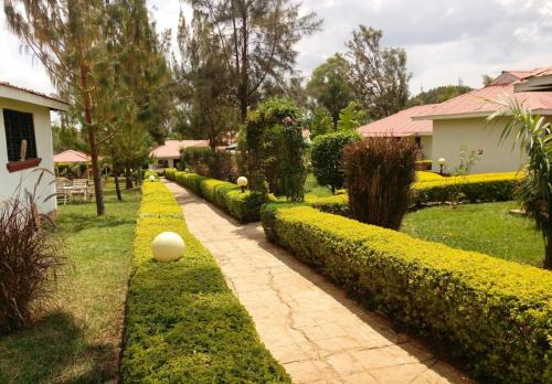 Una hilera de setos y un camino en un patio en Jabali Country Lodge, en Kabondo