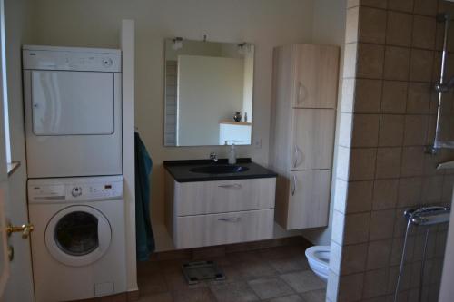 a bathroom with a washing machine and a sink at Mosborg in Ulfborg