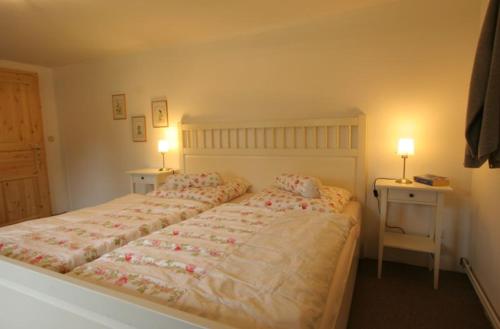 a bedroom with a large bed with two night stands at Ferienhaus Deichgraf in Vollerwiek