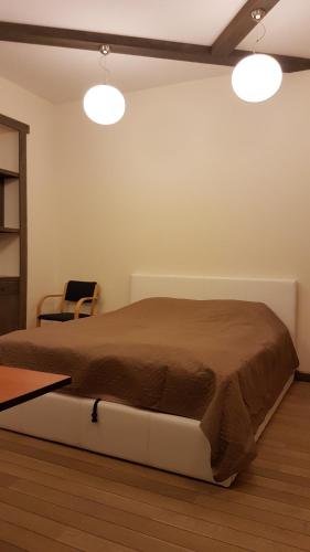 a bedroom with a bed in a room with two lights at Gertruda apartment in Kaunas