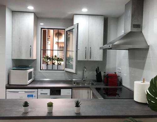cocina con armarios blancos, fregadero y microondas en Apartment PALOMA en Madrid