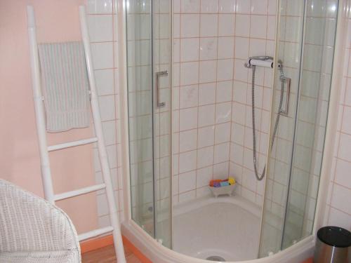 une douche avec une porte vitrée dans une salle de bain dans l'établissement vacances à la montagne, à Unac