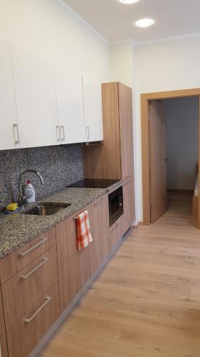 a kitchen with a sink and a counter top at Black Pearl Apartments in Jūrmala