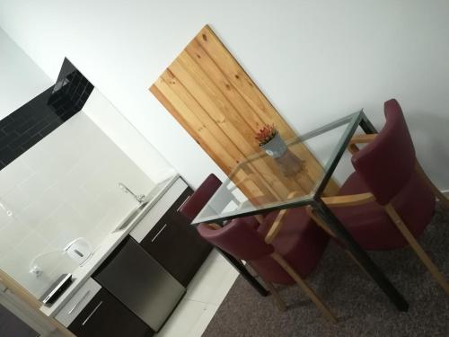 szklany stół z dwoma krzesłami i rośliną w obiekcie Buko apartamenty w Uniejowie